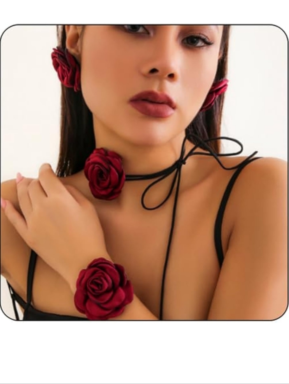 Red Rose Choker Earrings Bracelet Set